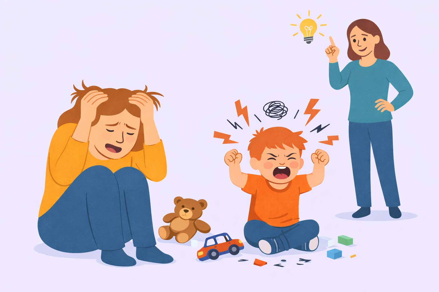 Autisme en omgeving KInd is boos, moeder weet het niet meer. Op de achtergrond staat emand die het wel weet